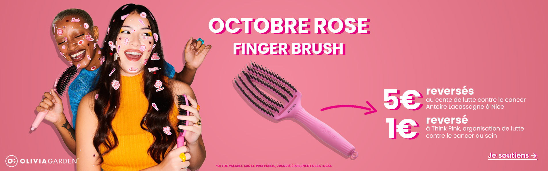 Pro coiffure soutient Octobre Rose : 5€ reversé au centre de lutte contre le cancer Lacassagne à l'achat d'une brosse Finger Brush Oliva Garden